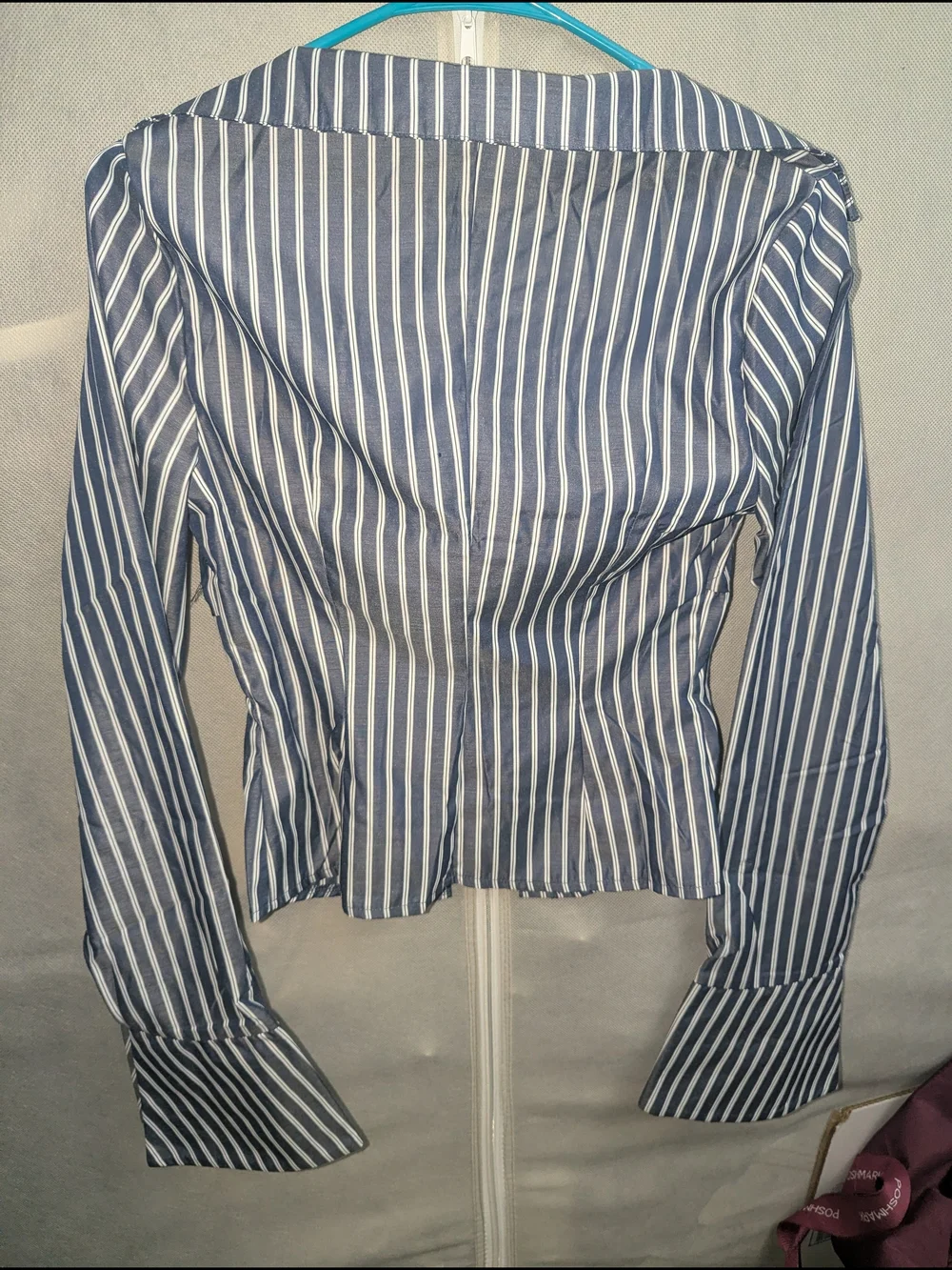 SHEIN Navy and White Vertical Striped Blouse W/ Flare Sleeves
